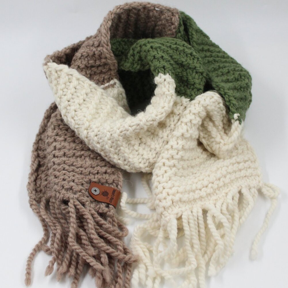 Handmade Knit Wool Alpaca Forest Green Beige & Off White Sandstone Scarf Fringe